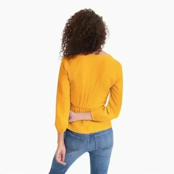 J. Crew Drapey Crepe Faux Wrap Top Yellow Peplum Tie Waist Surplice Blouse 6 - Picture 3 of 7